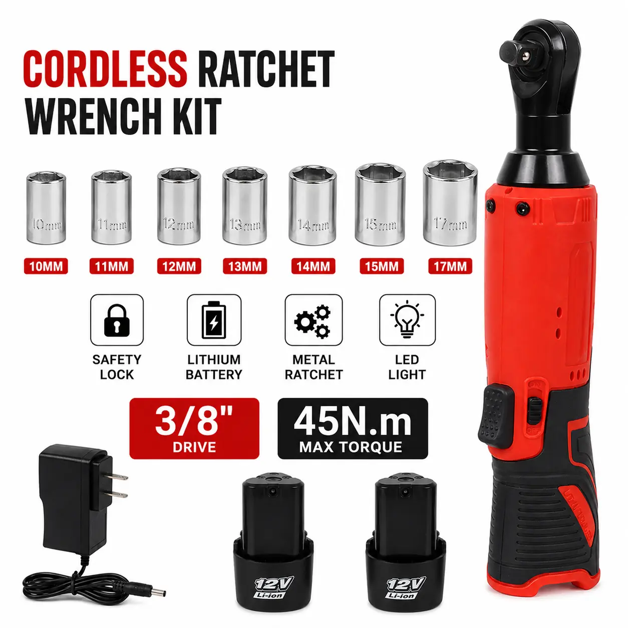 45Nm 3/8 Inch Cordless Right Angle Ratchet Wrench, Electric Nut Bolt Removal Tool for Auto Repair