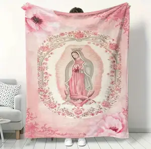 Pink Virgin Mary Printed Flannel Blanket Soft and Warm DigitalPrint Suitable for Sofa Bedding Travel Camping Living Room Office Machine Washable Modern Style All-Season Multi-Purpose