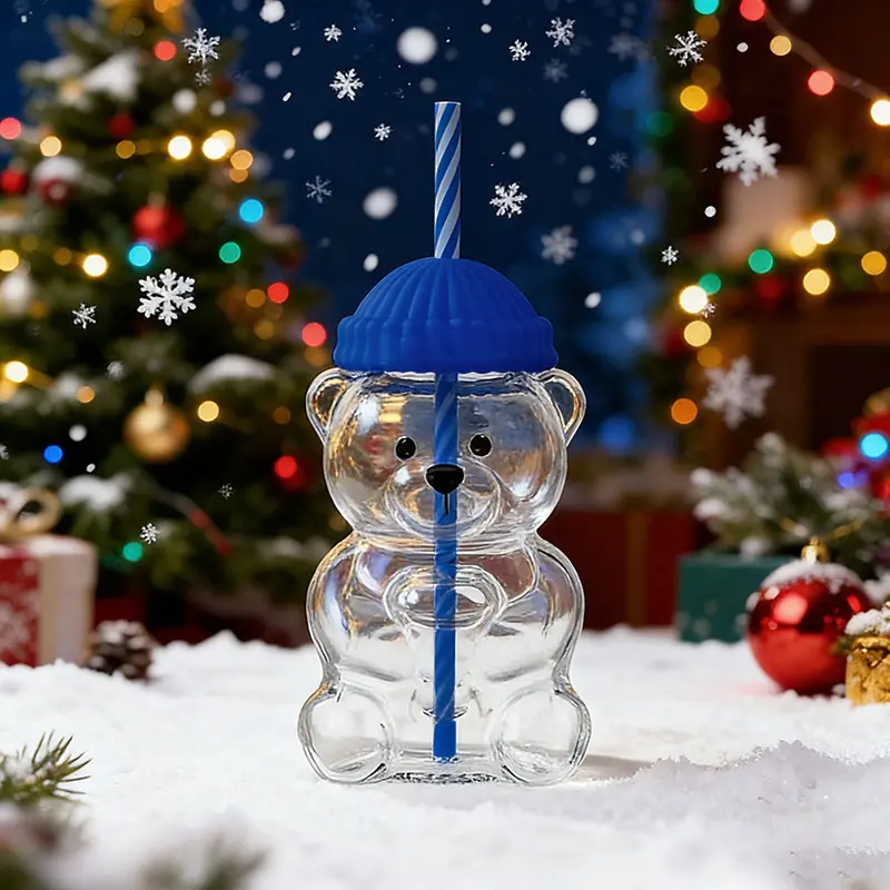 2026 Glass Bear Cup - Glass Body Drinkware with Straw, Striped Straw, Festive Look, Rare Collectible, Ideal Gift Choice for Kitchen Use, Water Bottles, Tumbler