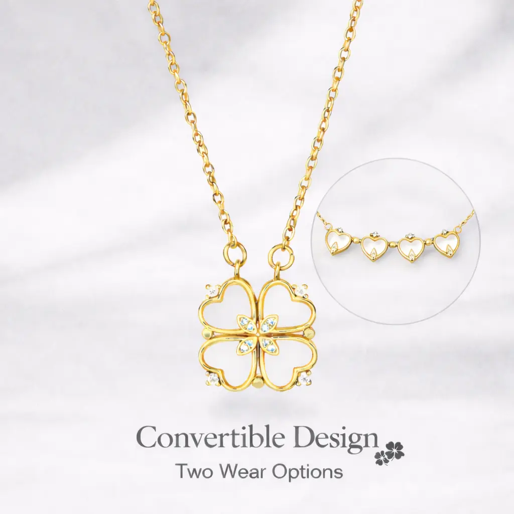 Women's 2-in-1 Convertible Clover Necklace - Openable 4-Leaf Clover Pendant, Gold Tone Mother of Pearl, Daily Wear Adjustable Fashion Jewelry Gift, Daily Wear Necklace, Adjustable Necklace