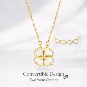 2-in-1 Convertible Clover Necklace for Women, Openable Four Leaf Clover Pendant, Gold Tone Mother of Pearl Fashion Jewelry Gift