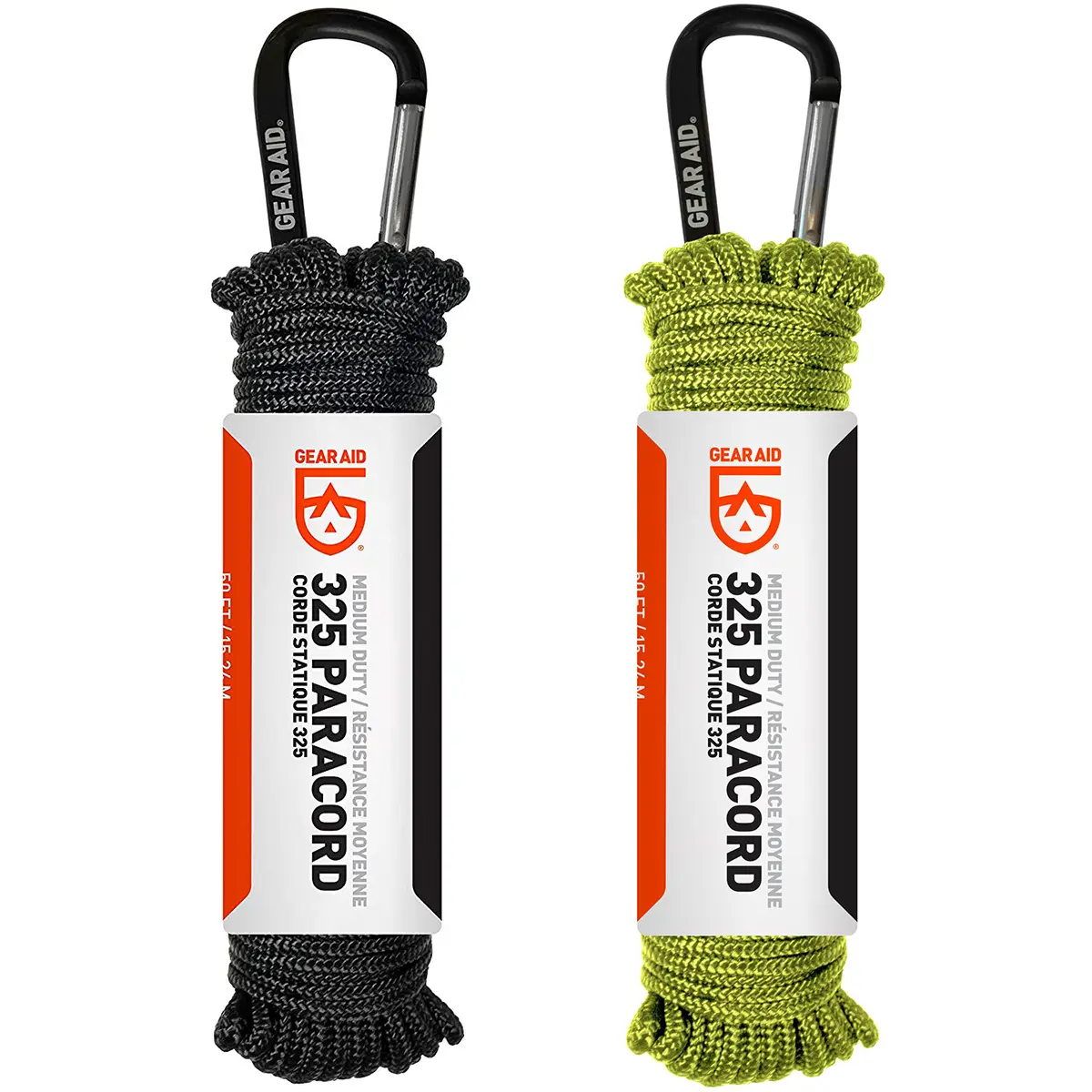 Gear Aid 325 Heavy Duty Nylon Paracord, 50 ft Multifunction Tension Rope for Outdoor Camping with Carabiner & Dual Strands, Carabiner Tip