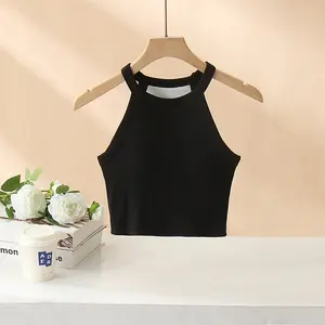 Comfy Comfy Boutique Ribbed Halter Neck Crop Top with Built in Bra - Fixed Padded Brami - High Neck Seamless Tank for Summer, Festivals & Going Out