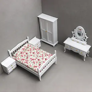 1pc Dollhouse Bedroom Set, Wooden Toy Bed, Nightstand, 1:12 Scale Vintage Standing Cabinet, Mini Dressing Table, Birthday Gift, Christmas Present