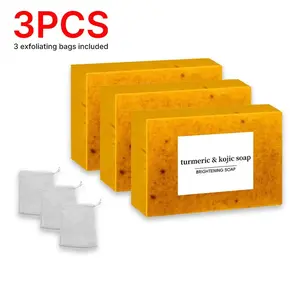 3PCS Lemon Turmeric Kojic Acid Soap Bar with Exfoliating Bags – Dark Spot Remover for Face & Body | Brightening Turmeric Kojic Soap for Glowing Skin Cleansing
