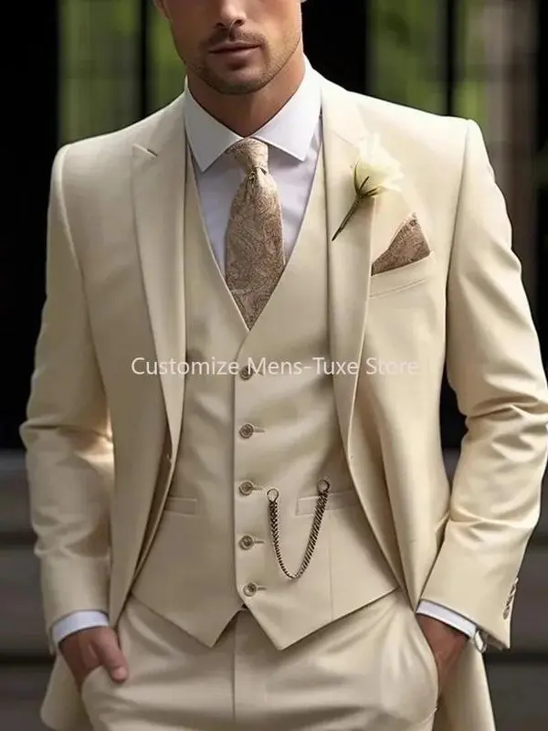 Men's New Beige Slim-Fitting 3-Piece Single-Breasted Tuxedo Suits - Formal Wear Jacket, Vest, Pants for Groom, Business, Workwear, Customizable, Suit Set