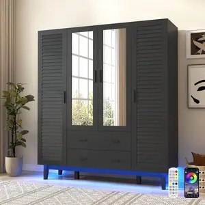 2/3/4 Doors   Closet Cabinet With Drawers And USB Powered LED Lights, Multi-Tier Shelves, Hanging Rod & 2 Louver Doors, Large Capacity Storage   For Bedroom Wardrobe mirror Handle Vertical Dresser armoire