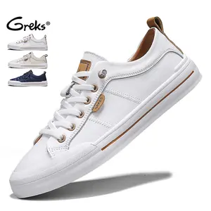 GREKS Men's Low-Top Casual Sneakers, Classic Lace-Up Board Shoes, Minimalist Fashion Court Footwear, Flat Rubber Sole, White/Tan