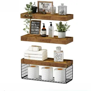 Bathroom Floating Shelves for Wall - Wall Mounted Shelf Over Toilet Storage Small Farmhouse Decor Shelves Decoration Items Wall Shelf Unit (15.7 inch, Set of 3, Rustic Brown)