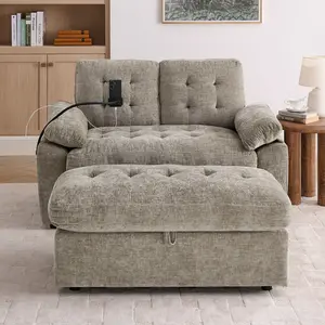 Niccae Leisure sofa chair,Double sofa recliner, with manually adjustable backrest, soft padded armrests, side USB charging port and phone stand, comes with a matching storage ottoman-Brown