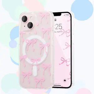Magnetic MagSafe Smartphone Casing, Transparent Crystal Ultra-Slim Ribbon Bow Protective Cover for iPhone 17 E/17 Pro Max Plus/16 E/15/14/13/12/11, Anti-Yellowing Shockproof Wireless Aesthetic Cellphone Accessories for Women