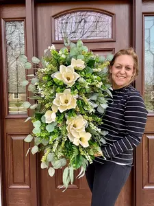 Spring Magnolia Door Swag, XL Floral Wreath, Greenery Door Hanger, Farmhouse Front Door Decor, Summer Wreath