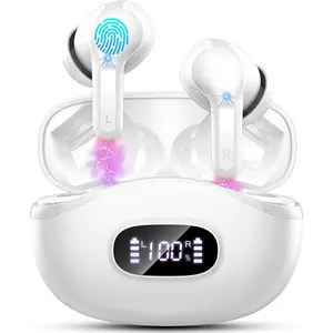 Wireless Earbuds, 2025 Bluetooth 5.4 Headphones Bass Stereo, Bluetooth Earbuds 48H Playtime LED Display Charging Case, Ear Buds, with 4 Mics ENC Noise Cancelling, IP7 Waterproof in Ear Earphones white