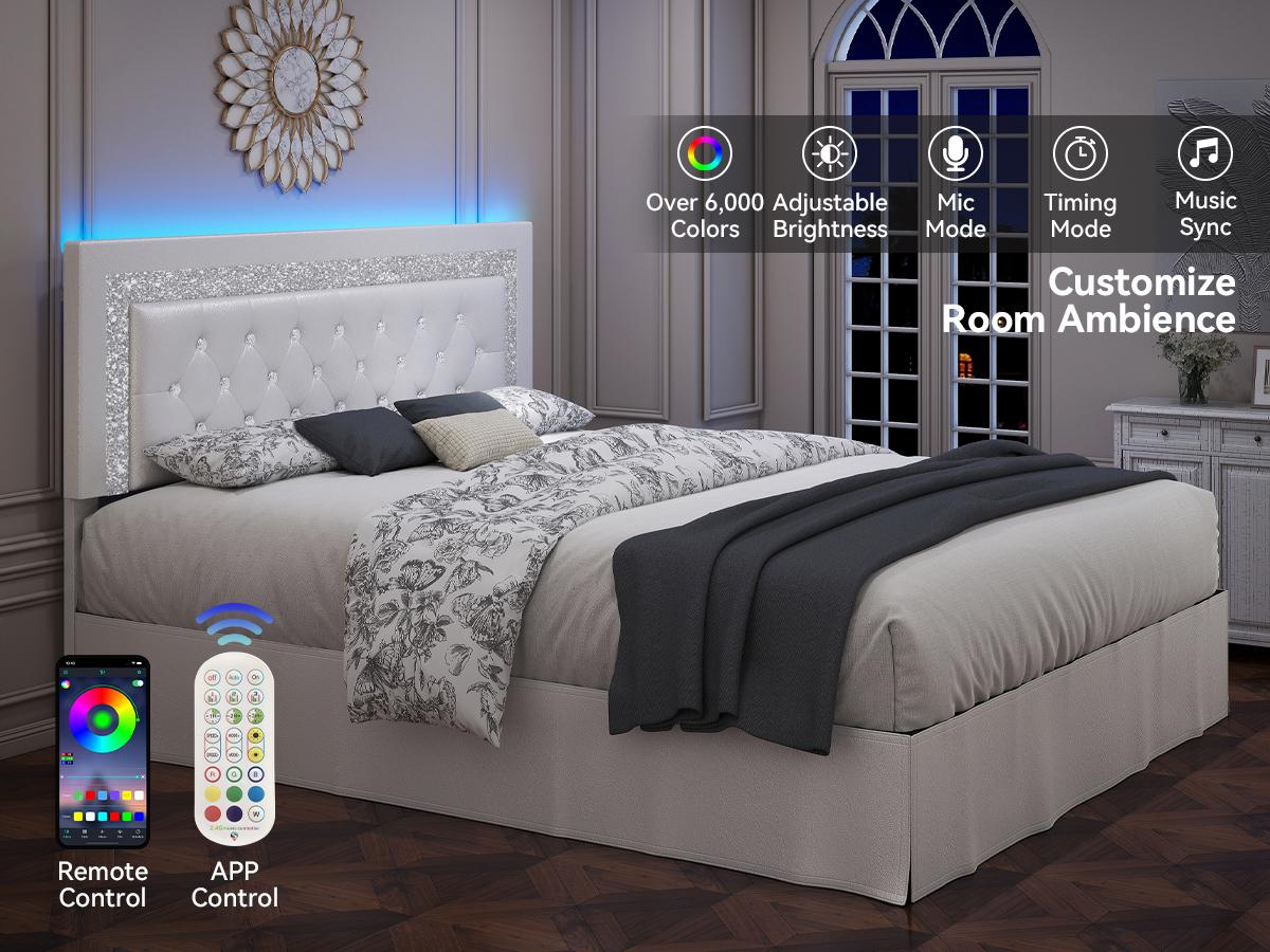 SIBEDS Diamond Upholstered Bed Frame with Adjustable Headboard, Modern Princess Style Platform Bed with LED Lights and Skirt, Crystal Button Tufted Foundation with Wooden Slats, Easy Assembly, Black/White/Grey