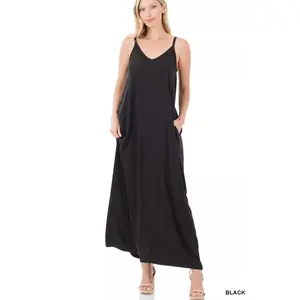 Zenana V-Neck Cami Maxi Dress with Side Pockets
