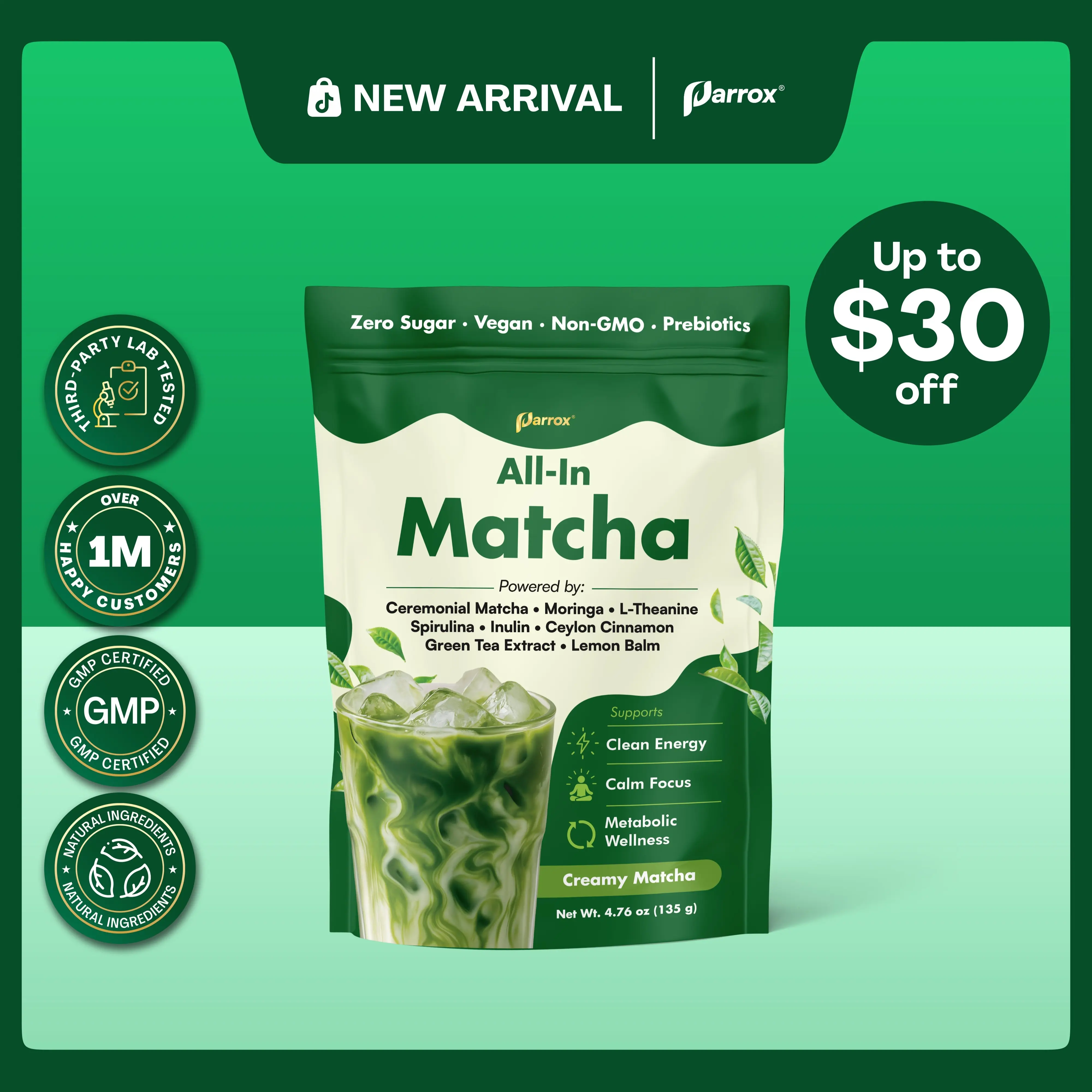 Parrox All-In Matcha with L-Theanine, Green Tea Extract & more for Clean Energy, Calm Focus, & Metabolic Healthcare - Ceremonial Grade - 100% First Harvest Japanese Tea (30 Servings)