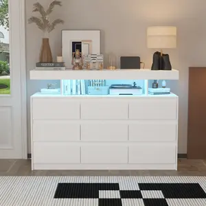 FUFU&GAGA LED Lights 9 Drawers Dresser with Power Outlet, Accent Chests of Drawers, Modern White Storage Dresser with Charging Station