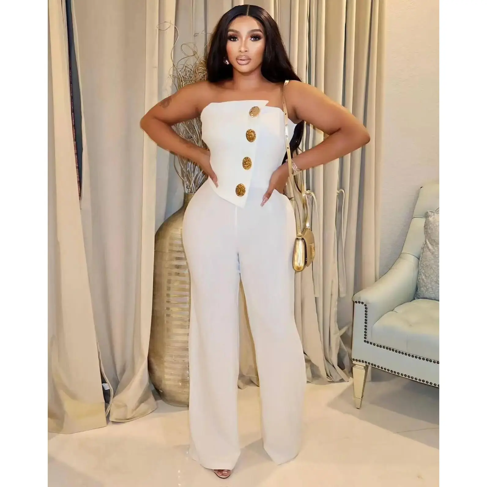 Women's Casual Off Shoulder Solid Color Strapless Belted Wide Leg Jumpsuit Romper in White - 60% Polyester 35% Rayon 5% Spandex