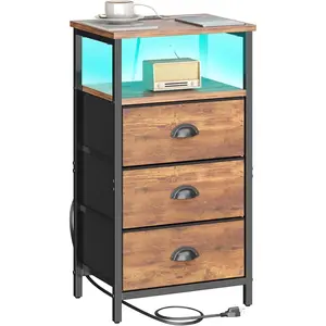 Nightstand with  Station,LED Night Stand with 3 Fabric Drawers, Bedside End Tables, 2-Tier Open Storage Shelf Side Table Nightstand with Drawers for Bedroom,Rustic Brown