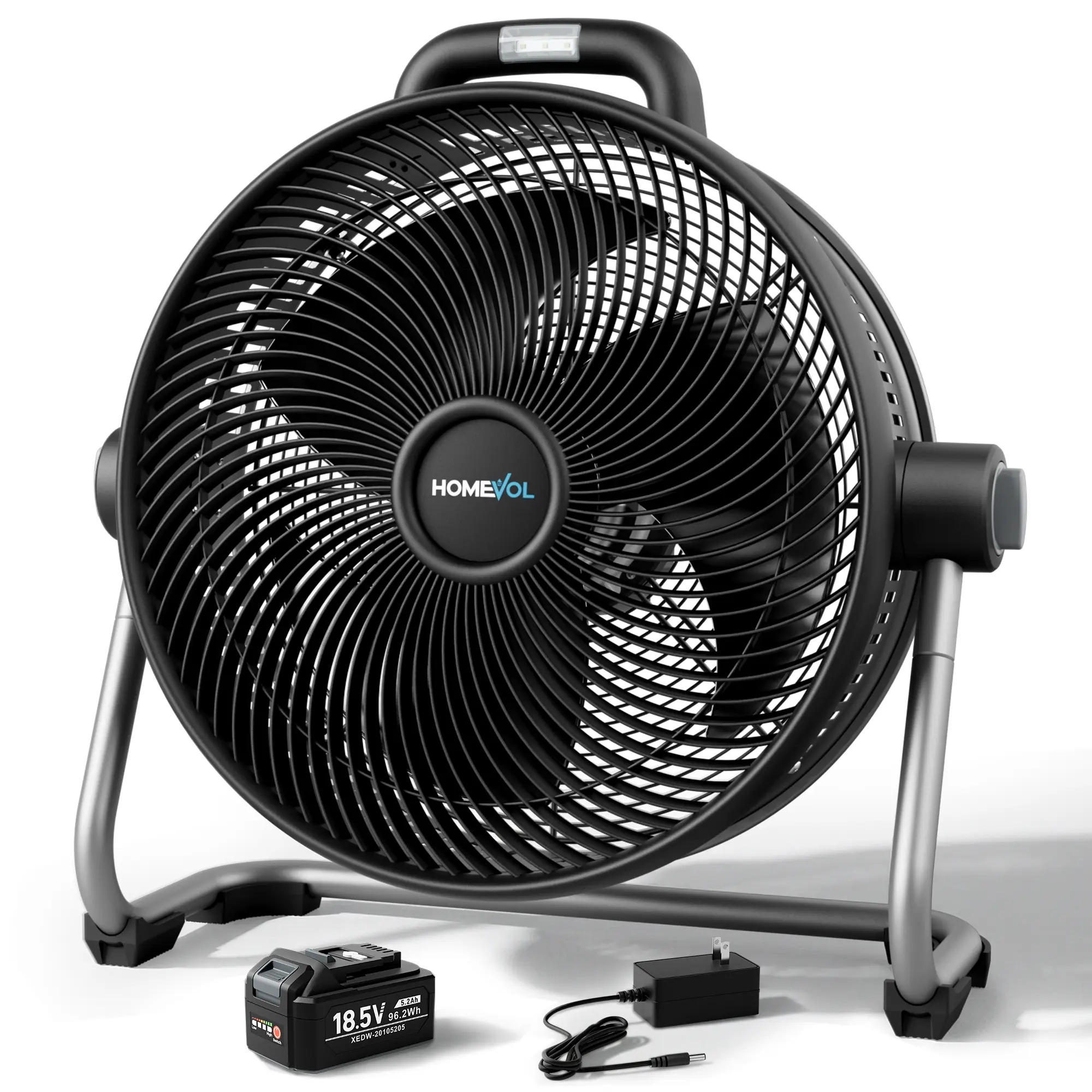 HOMEVOL 20 Inch High Velocity Cordless Floor Fan, 18.5V 5.2Ah Rechargeable Battery Powered 4000 CFM Industrial fan with Carry Handle & Led Light, 6-Speed, 180° Adjustable Tilt, Up to 30 Hours, UL Listed