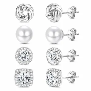 Loyalove Stud Earrings Set for Women, 4 Pairs Pearl CZ Knot Stud Earrings, S925 Posts, Gold Silver Everyday Earrings Gift
