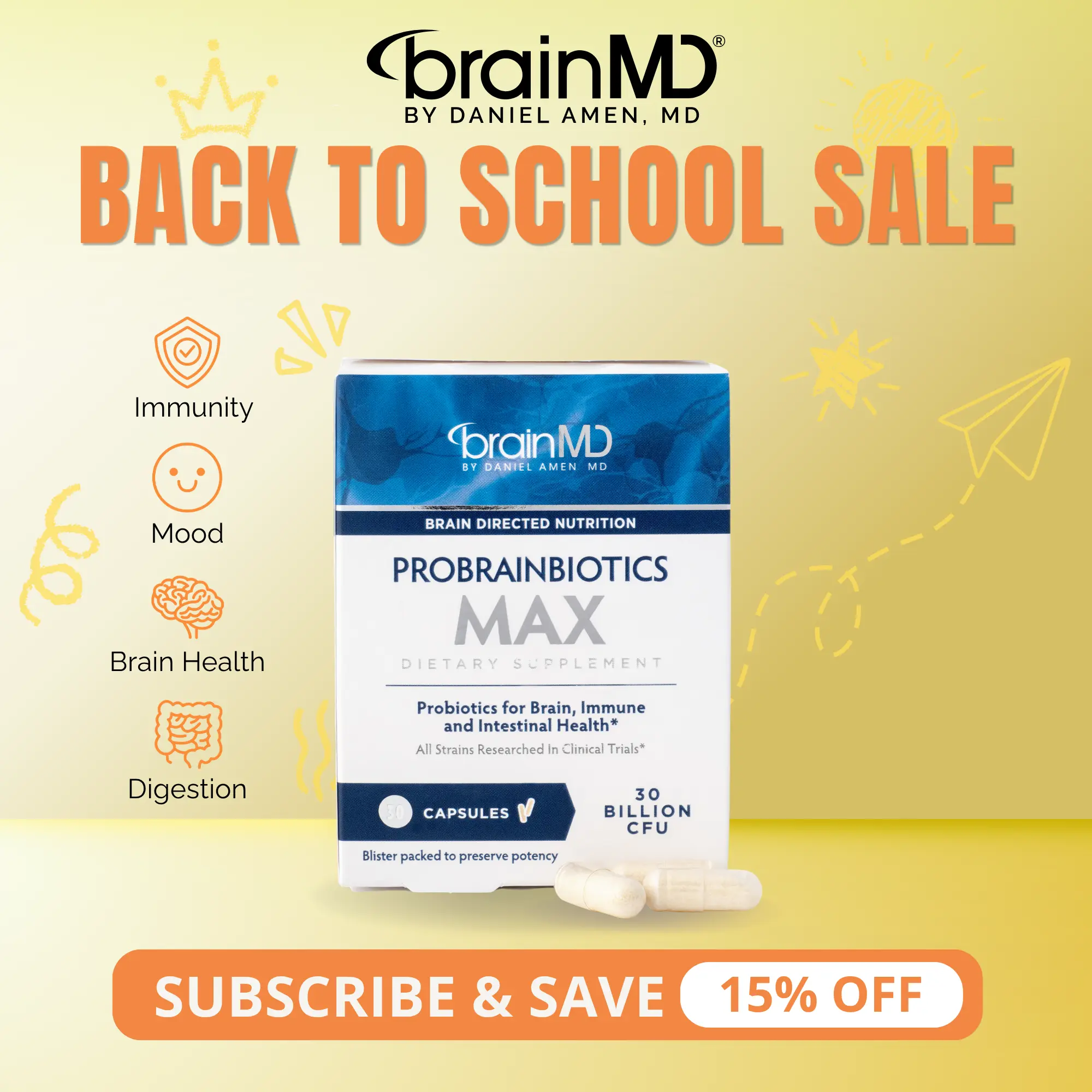 ProBrainBiotics MAX | BrainMD | 30 Capsules | Gut & Brain Health Support | Mood, Focus & Digestion | 7-Strain Probiotic Blend, 30 Billion CFU