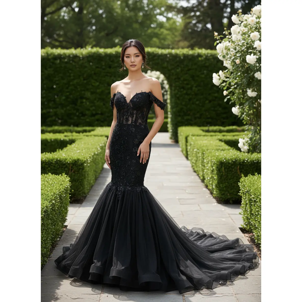 Samantha Black Mermaid Wedding dress with See Through Bodice , Black Wedding Dress, Gothic Wedding Dress, Lace wedding dress