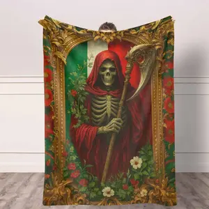 Grim Reaper Flannel Blanket, Floral Skeleton Print, Soft Cozy Warm, Lightweight and Durable, Perfect for Halloween Decor, Living Room, Bedroom, Sofa, Anniversary Gift, Halloween Party Favors,Dia de los Muertos.