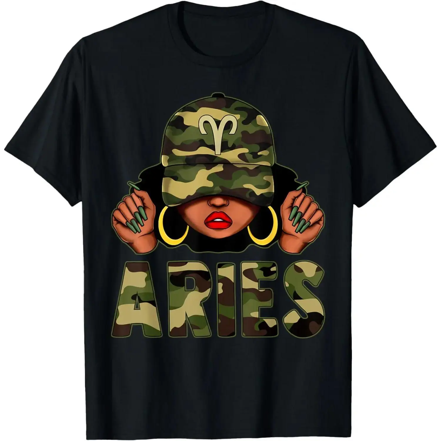 Cotton Aries Queen T Shirt for Black Women Featuring Cap Camo Afro Zodiac Style