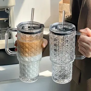 TikTok Viral Large-Capacity Striped Glass Tumbler with Lid and Straw, Aesthetic Reusable Iced Coffee Cup, BPA Free Cold Drink Cup for Juice Smoothie Boba, Hand-Wash-Only Drinkware for Home Office, Trendy Gift for Women Birthday Bridesmaid