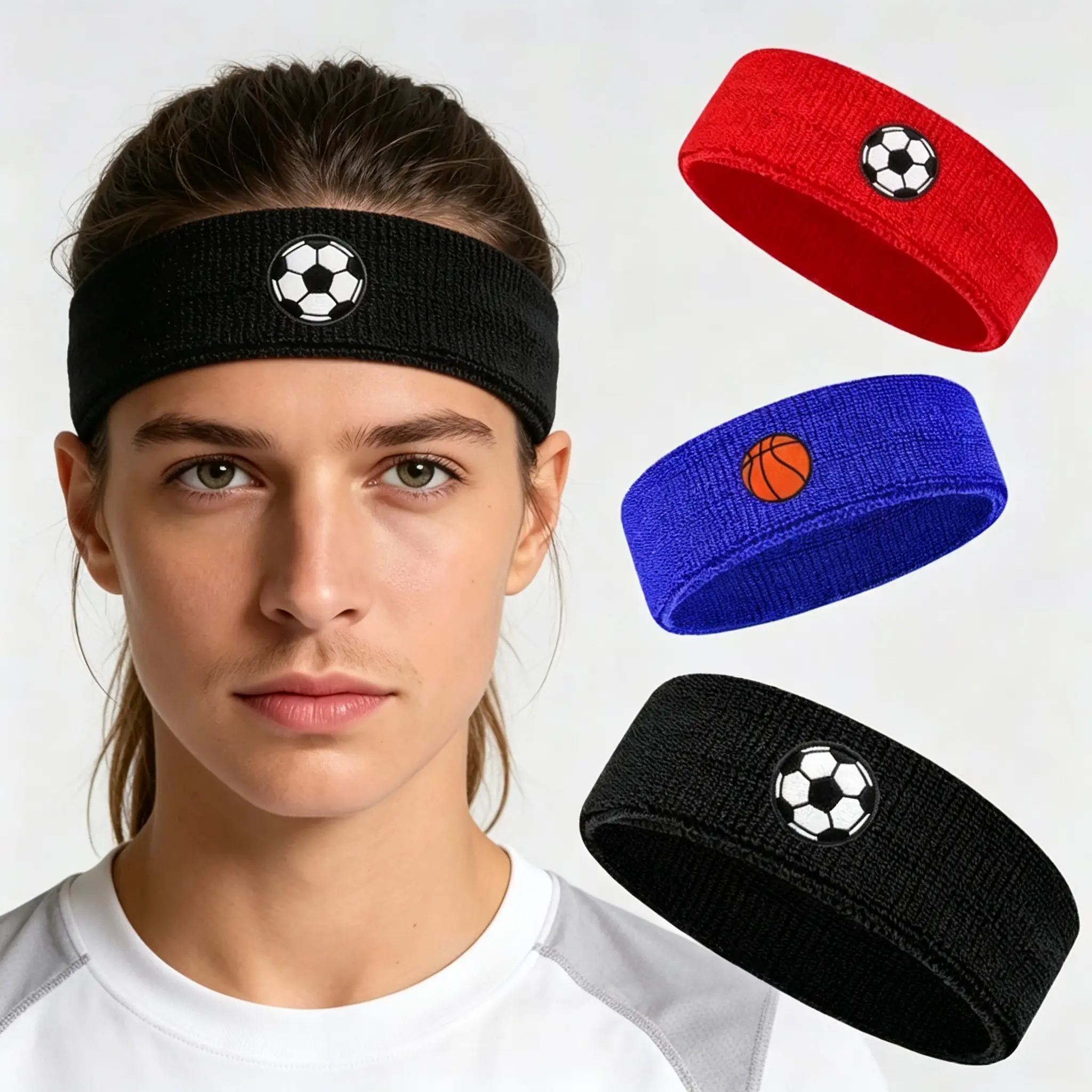 Sports Sweat Wicking Headband Soccer Basketball Embroidery Athletic Head Bands for Men Women Soft Terry Cloth Workout Hairband Non Slip Running Gym Training Sport Headwear Summer Athlete Must Have Viral TikTok Fitness Accessory