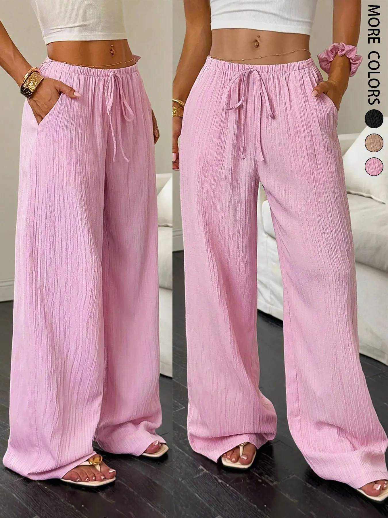 Women's Casual Solid Color Textured Fabric Drawstring Adjustable Loose Wide Leg Pants,Women's Casual Simple Long Pants, Comfortable and Stylish, Perfect for Daily Wear, All Seasons, Casual Streetwear Trousers, Casual Comfy Trousers