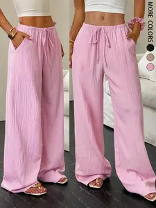 Women's Casual Solid Color Textured Fabric Drawstring Adjustable Loose Wide Leg Pants,Women's Casual Simple Long Pants, Comfortable and Stylish, Perfect for Daily Wear, All Seasons, Casual Streetwear Trousers
