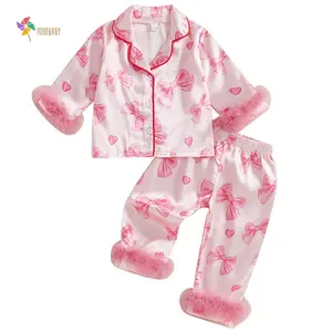 Toddler Girl Valentines Satin Pajamas Heart&Bow Print Button Down Shirt + Pants Little Kids Baby Girls Silk Pajama