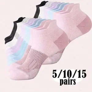 Women's Basic Lady Summer Thin Cotton Breathable Sports Socks - 5 Pairs, Thick Towel Sole, 1 Size Fits Most, for Running, Skipping Rope