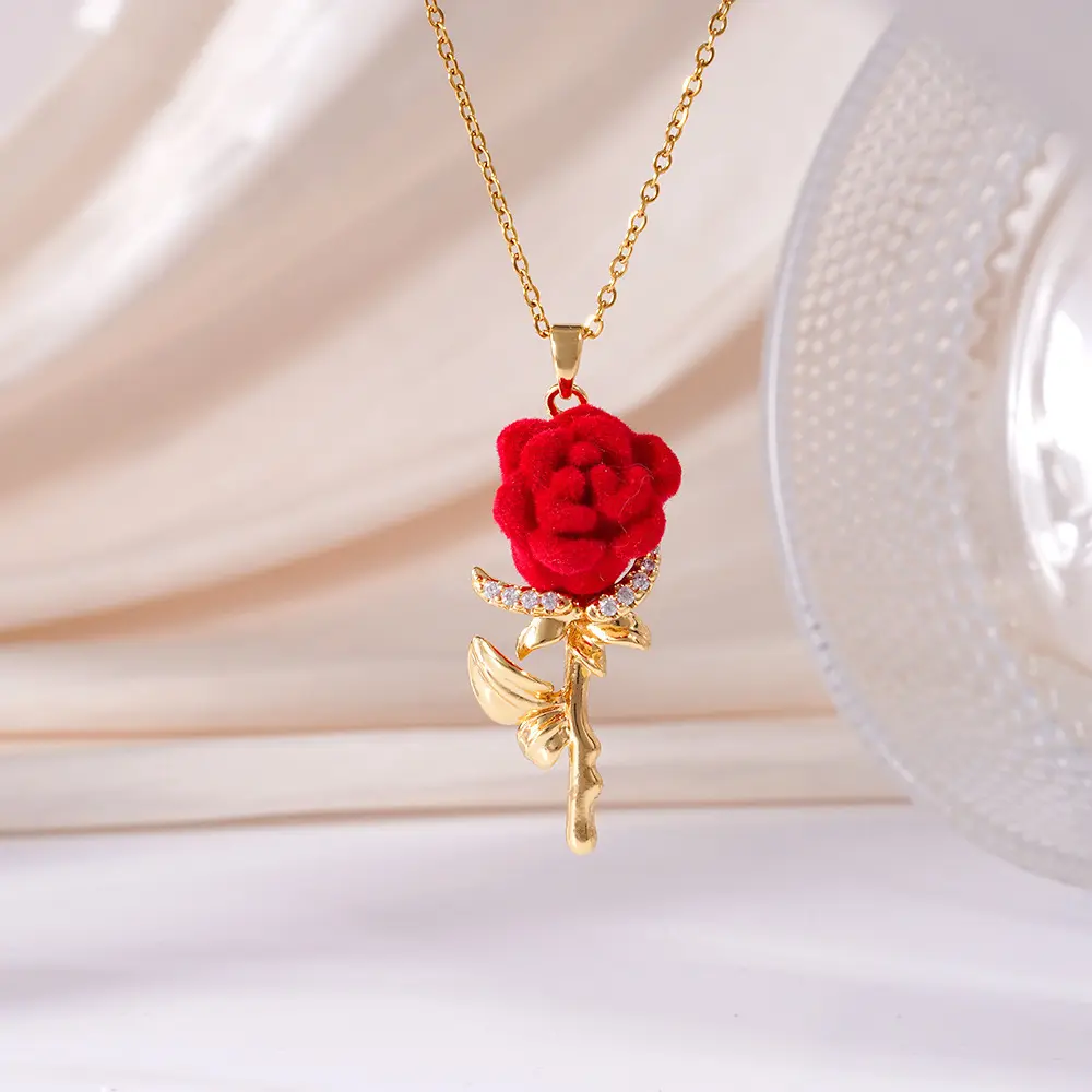 VALLIA Viral Velvet Red Rose Necklace! 14K Gold Plated Romantic Pendant, Waterproof Hypoallergenic Jewelry for Coquette Vibe