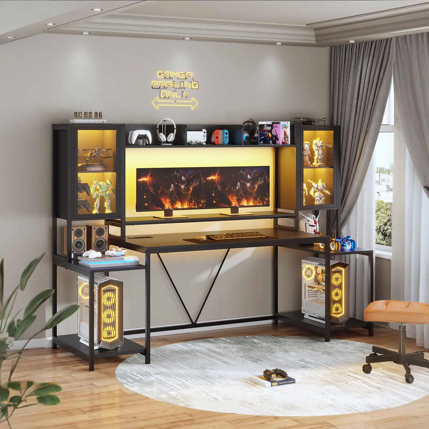 Sedeta 74.8-in Modern Wood & Metal Desks for Gaming - Multi-Functional Office Desk with LED Lighting, Storage Shelf, Monitor Stand, Ergonomic Standing Design, Space-Saving Furniture, Gaming Desk, All-In-One Desks