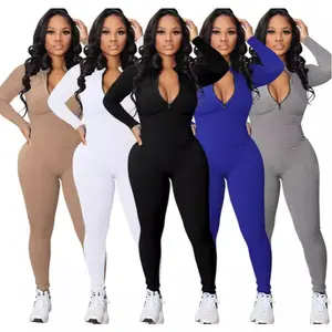 Seamless Ribbed Zip Up Jumpsuit – Form Fitting Long Sleeve One Piece tiktokshopspringglowup