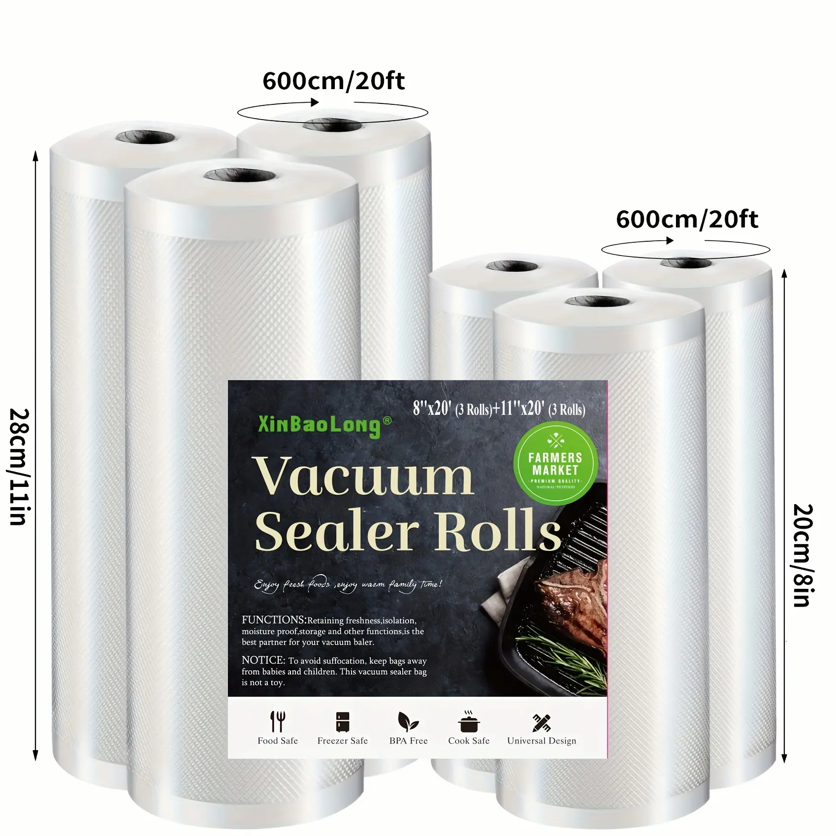6pcs Combination Pack Of 20 Foot Large Roll Vacuum Sealed Bags Without Bisphenol A, Co Extruded Diamond Patterned Vacuum Film Bags, Vacuum Preservation Bags, Patterned Film Food Packaging Bags Suitable for Kitchens And Restaurants