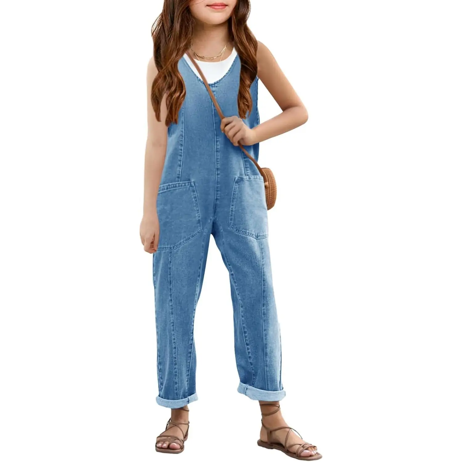 Haloumoning Girls' Denim Overall Jumpsuits - Sleeveless V-Neck, Adjustable Straps, Jeans Pants Jumpers with Pockets, Girls Clothes