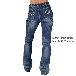 Wash Star Embroidery Mid Rise Bootcut Carpenter Jeans Fit Outfit Pants Blue