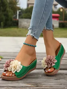 Women's Dopaamine Floral Shoes, Thick Sole Wedge Heel, PU Leather, Rubber Sole, Casual Summer Footwear, Multiple Colors Available