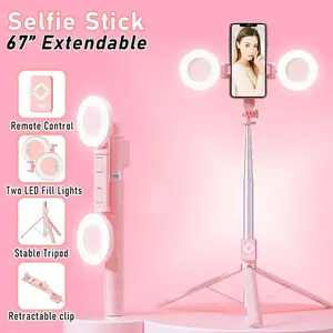 Newly upgraded 6-in-1 dual fill light mobile phone tripod and selfie stick, lightweight integrated tripod with integrated wireless remote control compatible with all mobile phone selfies/video recording/photos/live broadcasts/Vlog/aluminum alloy material