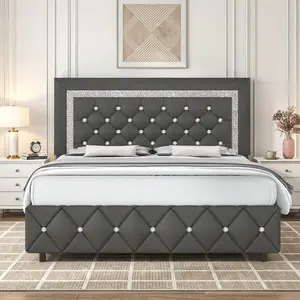 Twin/ Full/ Queen/ King Size Bed Frame, Upholstered Bed Frame With Diamond Headboard And Footboard, Pearl White/ Beige/ Black/ Grey/ Pink/ Purple/ Green, Queen Bed Frame, Pu Leather