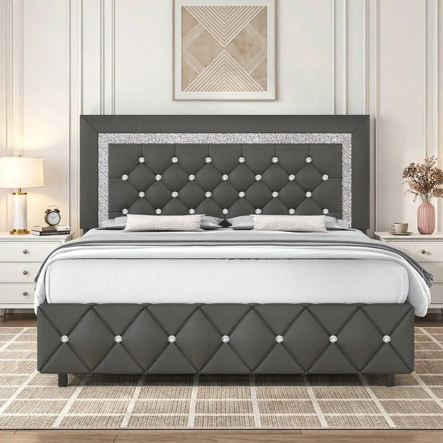 Twin/ Full/ Queen/ King Size Bed Frame, Upholstered Bed Frame With Diamond Headboard And Footboard, Pearl White/ Beige/ Black/ Grey/ Pink/ Purple/ Green, Queen Bed Frame, Pu Leather