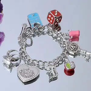 Charm Bracelet with Heart Dice and Key Charms Silver Tone Fashion Jewelry for Women