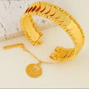 Dubai Gold Plated Coin Bracelet and Ring Set with Adjustable Chain and Coin Charm for Women