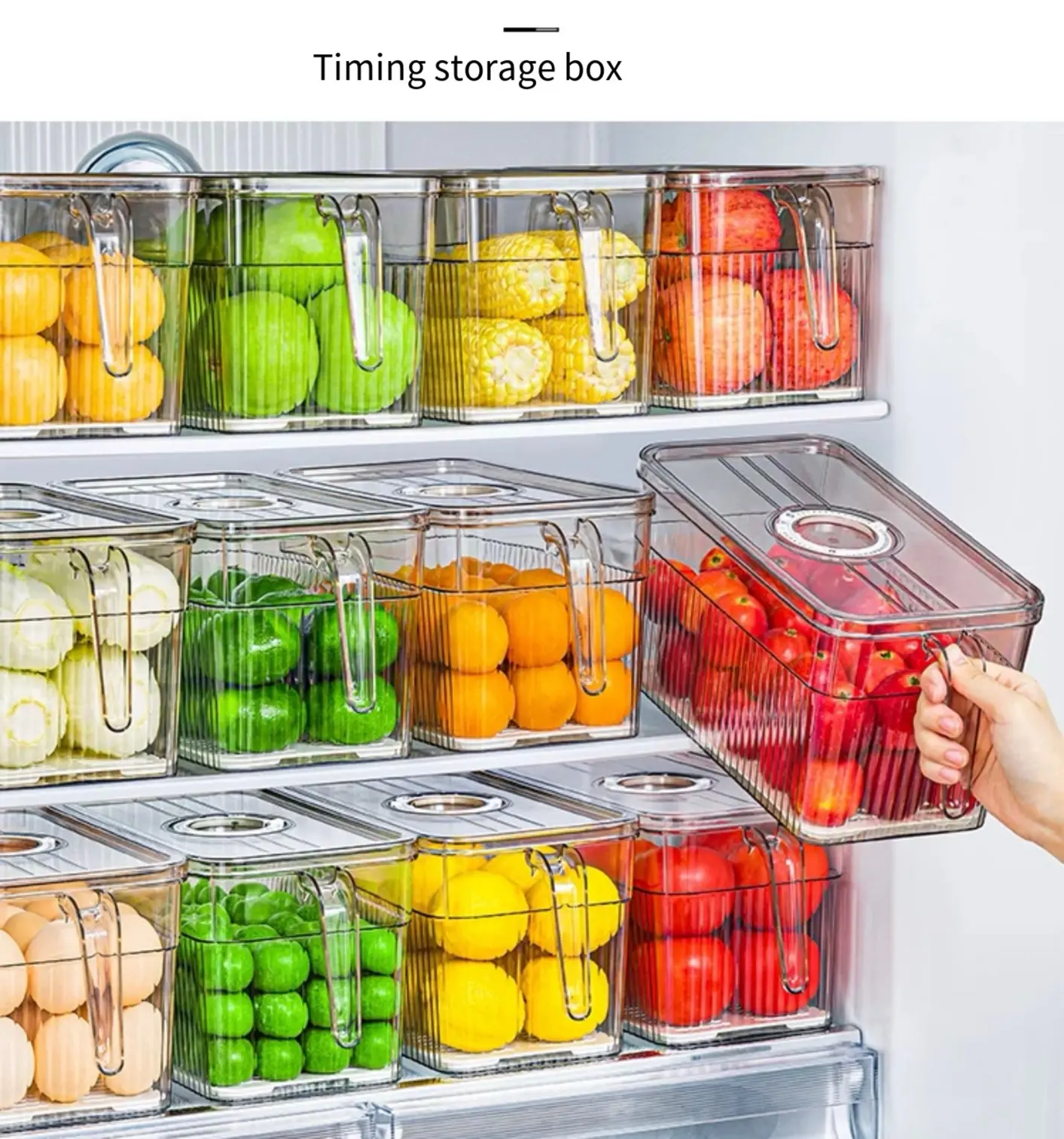 Refrigerator storage box, Food grade kitchen food vegetable, crisper fruit, egg, storage box, Drain box, Drain box with lid can be timed Containers Utensils