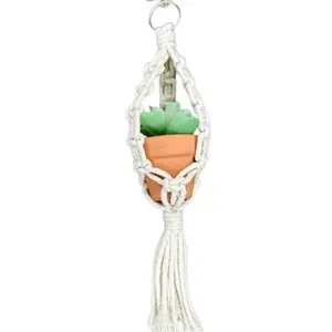 Nipomo Micro Plant Hanger 100% Cotton Macrame Mini Boho Plant Holder, Handmade Bohemian Home Décor, Car Succulent Hanger, Key Chain