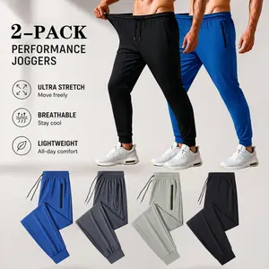2-pack men’s high-stretch ice silk casual athletic pants, 9/10 length, breathable quick-dry running pants for all seasons—fitness training included—with zippered pockets and a drawstring waist, machine washable, suitable for golf, fishing, basketball, cam